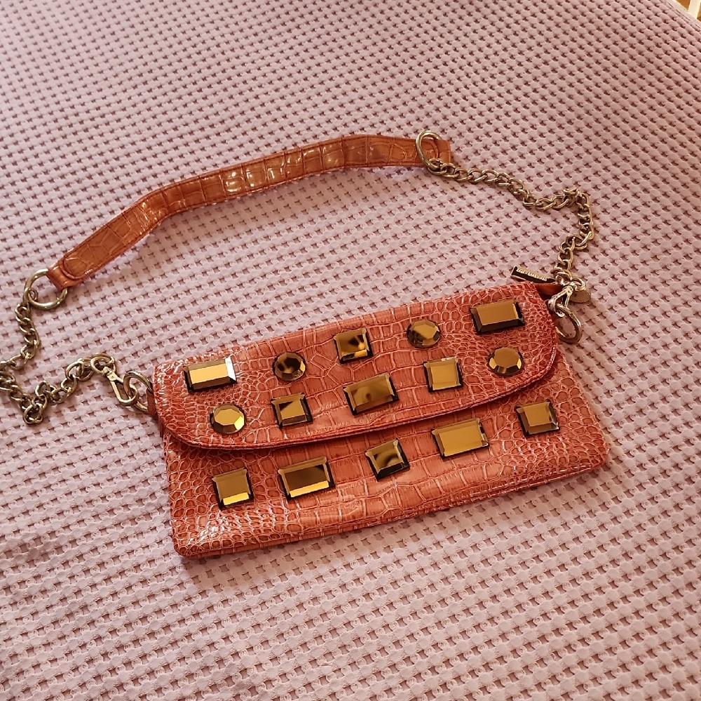 Chic Embellished Clutch in Orange with Gold Accents